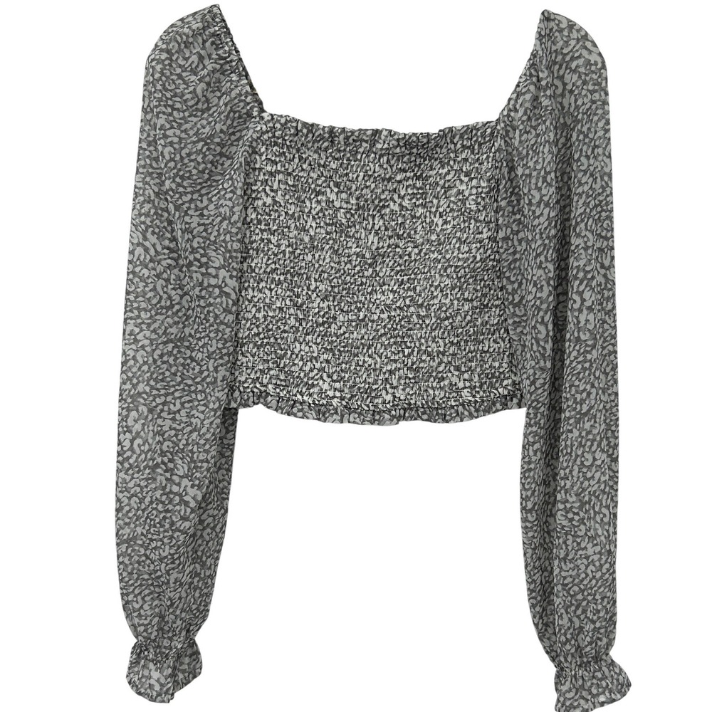 Japna Womens Grey Animal Print Smocked Long Sleeve Crop Top Size M Square Neck